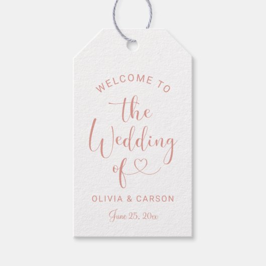 Welkom modern Roos Gold Heart Script Weduwschap Cadeaulabel (Voorkant)