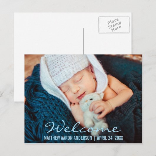 Welkom moderne nieuwe baby foto aankondiging blauw (Voorkant / Achterkant)
