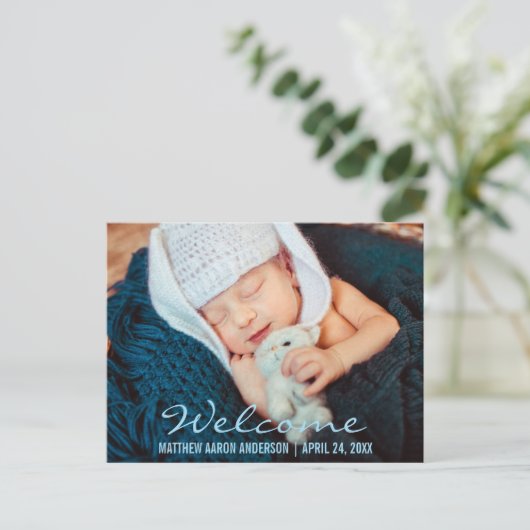 Welkom moderne nieuwe baby foto aankondiging blauw (Staand voorkant)