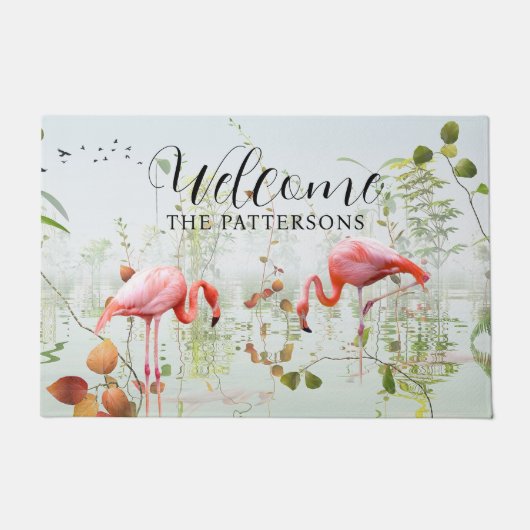 Welkom Moderne Tropische Flamingo Familienaam Deurmat (Voorkant)