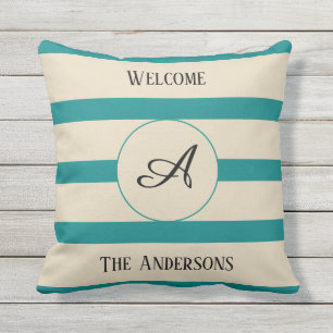 Welkom Monogram Familienaam Blauwgroen Stripes - Buitenkussen