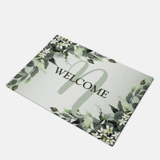 Welkom Monogram Greenery Floral Eucalyptus Leaves Deurmat (Schuin)
