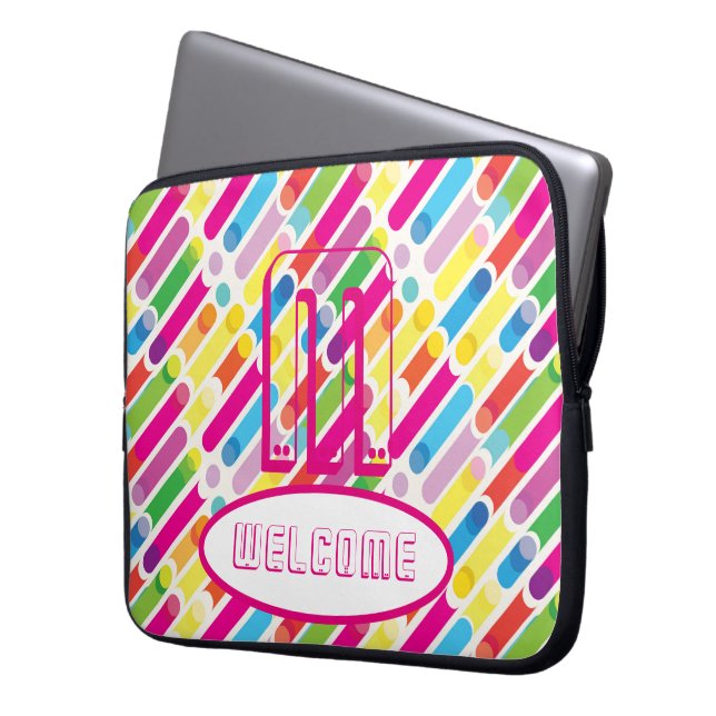 WELKOM & Monogram regenboogdiagonaal Pop Kunst Laptop Sleeve (Voorkant Links)