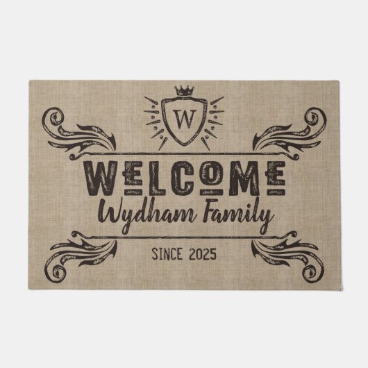Welkom Monogram Rustic Logo Typografie Burlap Deurmat (Voorkant)
