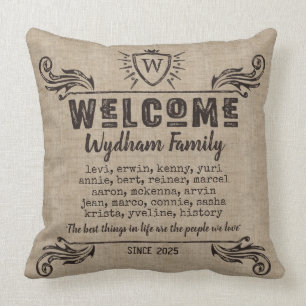 Welkom Monogram Rustic Logo Typografie Burlap Kussen
