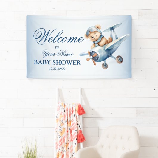 Welkom Mooie Babybeer Piloot Blauwe Vliegtuig Spandoek (Insitu)