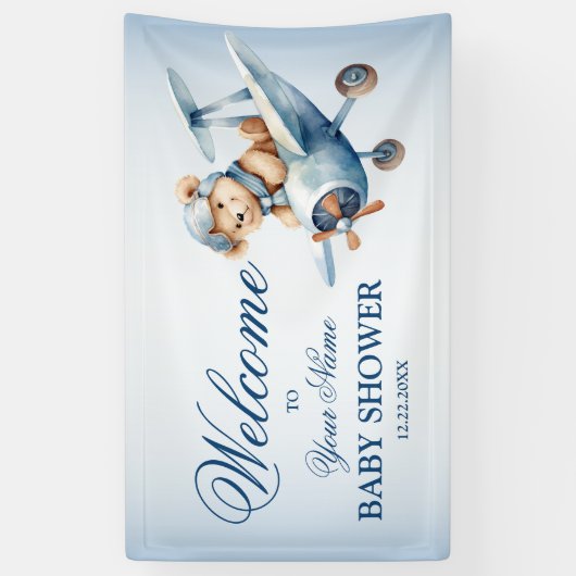 Welkom Mooie Babybeer Piloot Blauwe Vliegtuig Spandoek (Verticaal)