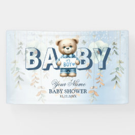 Welkom Mooie Teddybeer Blauwe Bloem Feest Spandoek