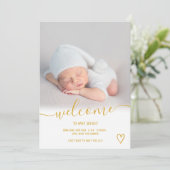 Welkom mosterdschrift hartfoto baby geboorte aankondiging (Staand voorkant)