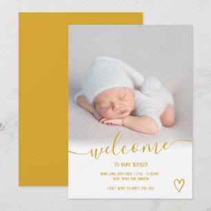 Welkom mosterdschrift hartfoto baby geboorte aankondiging
