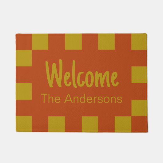 Welkom & Naam Rust en Goud Checkerboard Grens Deurmat (Voorkant)