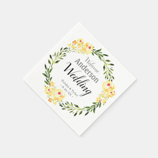 Welkom Namen/Datum Geel W/Kleur Bloemen Bruiloft Servet (Hoek)