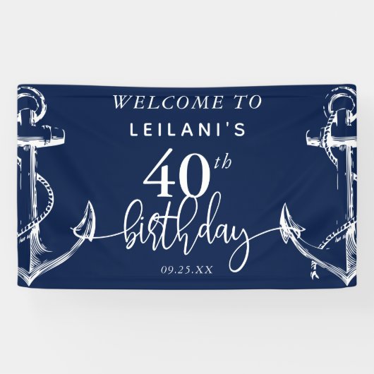 Welkom Nautical Anchor 40th Birthday Party Navy Spandoek (Horizontaal)