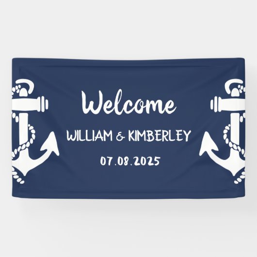 Welkom Nautical Navy Blue Anker Bruiloft Spandoek (Horizontaal)
