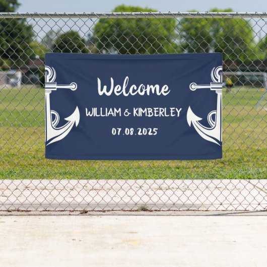 Welkom Nautical Navy Blue Anker Bruiloft Spandoek (Insitu)