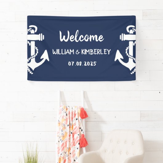 Welkom Nautical Navy Blue Anker Bruiloft Spandoek (Insitu)