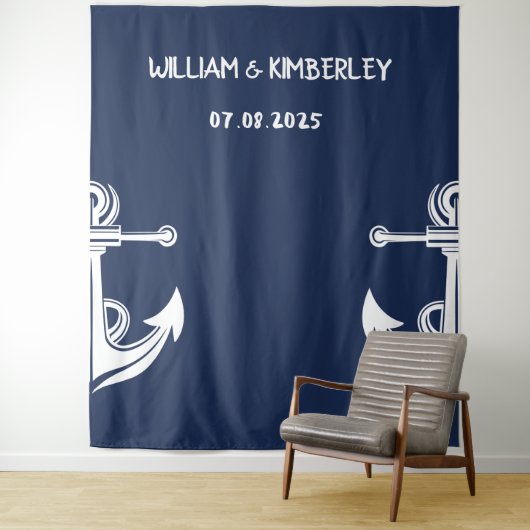 Welkom Nautical Navy Blue Anker Bruiloft Wandkleed (In situ)