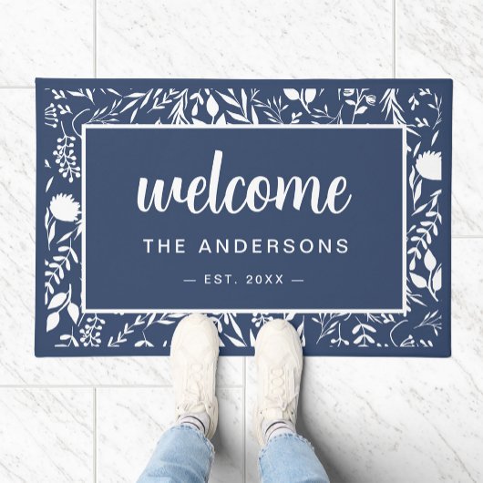 Welkom Navy Blue Floral gepersonaliseerd Deurmat