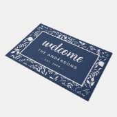 Welkom Navy Blue Floral gepersonaliseerd Deurmat (Schuin)