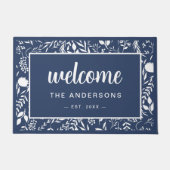 Welkom Navy Blue Floral gepersonaliseerd Deurmat (Voorkant)