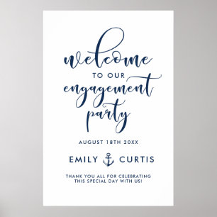 Welkom Navy Blue Nautical Script Engagement Party Poster