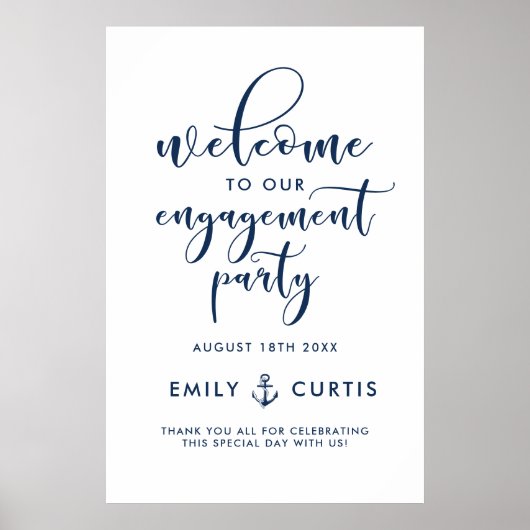 Welkom Navy Blue Nautical Script Engagement Party Poster (Voorkant)