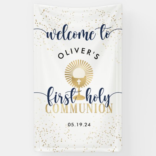 Welkom Navy & Gold Boy First Heilige Communie Spandoek (Verticaal)