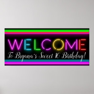 Welkom Neon Gloeiende Verjaardagsfeest Vlag Poster