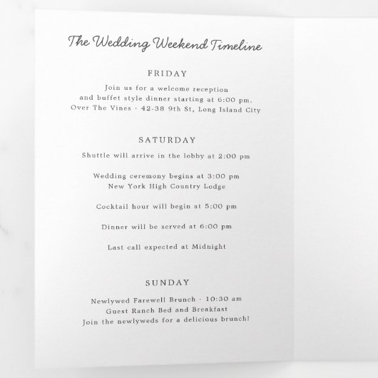 Welkom New York Wedding Letter & Itinerary Drieluik Programma (Binnenzijde eerst)