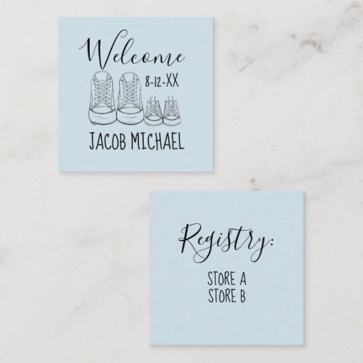 WELKOM Nieuw Aankomst Baby Schoenen Douche Blauw Informatiekaartje (Voorkant / Achterkant)