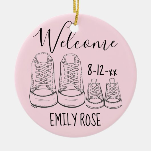 Welkom, nieuw babyzakje Christening Roze meisje Keramisch Ornament (Voorkant)