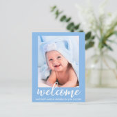 Welkom, nieuw bericht baby blauw aankondigingskaart (Staand voorkant)