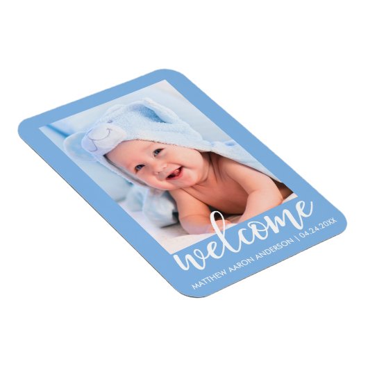 Welkom, nieuw bericht baby blauw magneet (Rechterzijde)