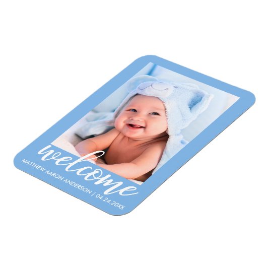 Welkom, nieuw bericht baby blauw magneet (Linkerzijde)