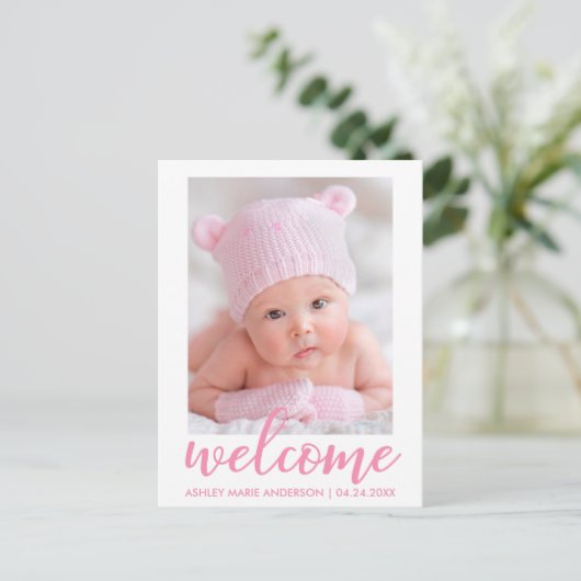 Welkom Nieuwe Baby Aankondiging Roze Script (Staand voorkant)