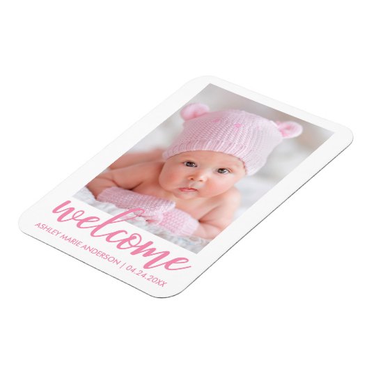 Welkom Nieuwe Baby Aankondiging Roze Script Magneet (Linkerzijde)