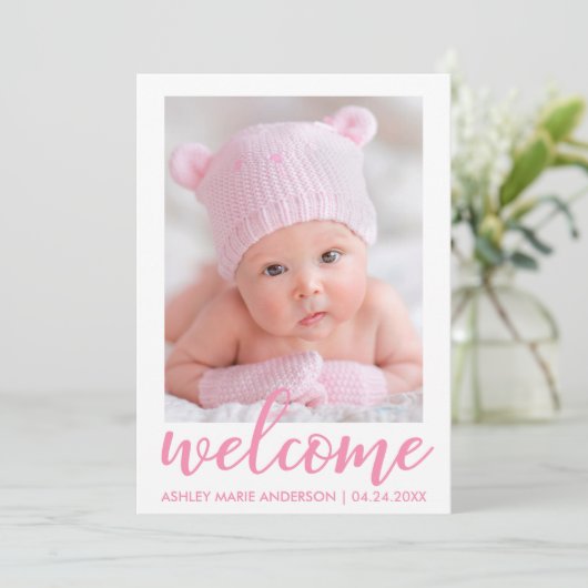 Welkom Nieuwe Baby Aankondiging Script Roze Stippe (Staand voorkant)