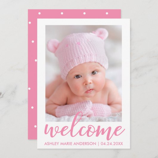 Welkom Nieuwe Baby Aankondiging Script Roze Stippe (Voorkant / Achterkant)