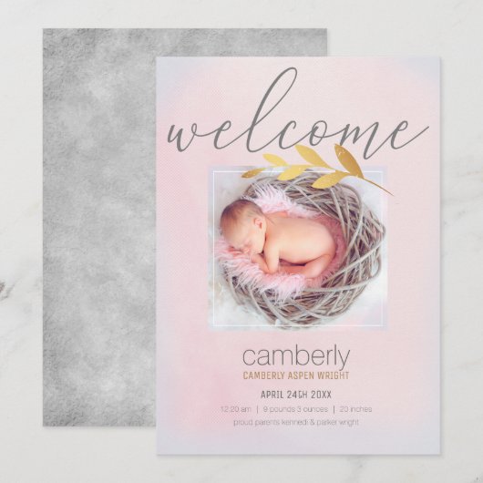 Welkom nieuwe baby Girl Foto Birth Aankondiging (Voorkant / Achterkant)