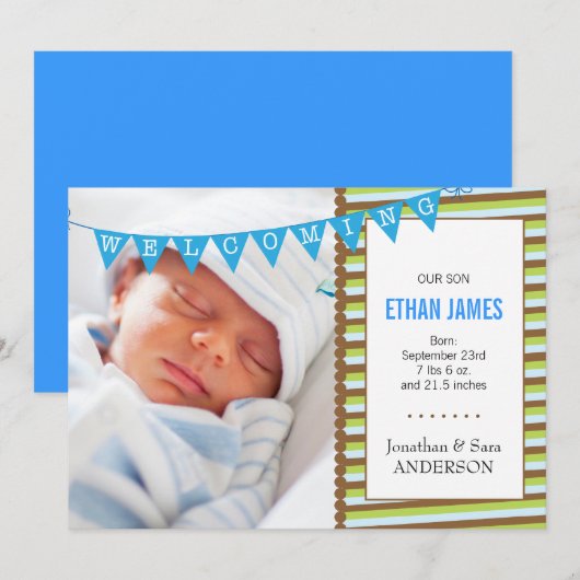 Welkom nieuwe baby jongen foto aankondiging (Voorkant / Achterkant)