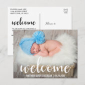 Welkom Nieuwe Baby Modern Wit Script Aankondigingskaart (Voorkant / Achterkant)