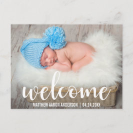 Welkom Nieuwe Baby Modern Wit Script Aankondigingskaart