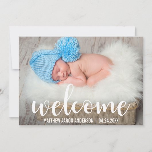 Welkom nieuwe baby moderne witte-schrijfkaart aankondiging (Voorkant)