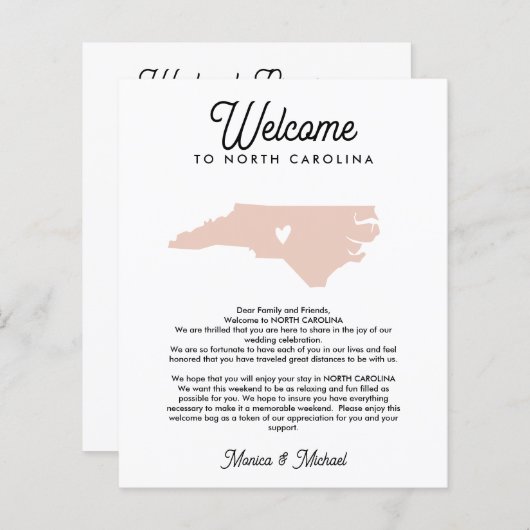 Welkom NORTH CAROLINA Letter-reisroute ELKE KLEUR (Voorkant / Achterkant)