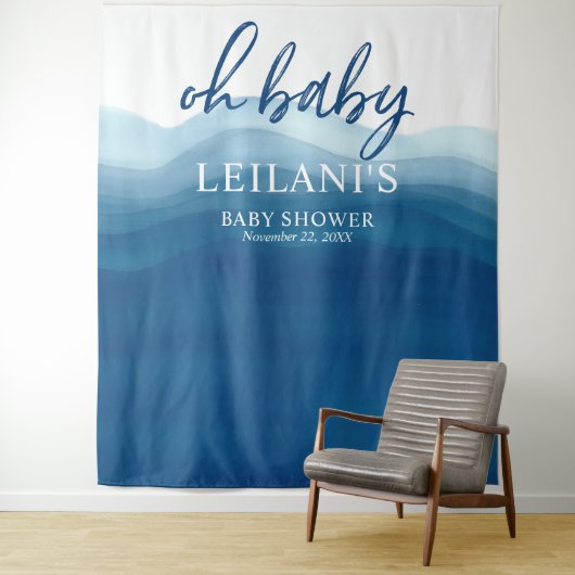 Welkom Oh Baby Shower Blauwe Ombre Achtergrond Wandkleed (In situ)