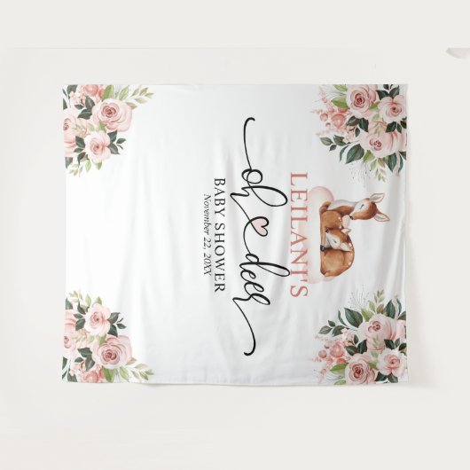 Welkom Oh Deer Baby shower Roze Bloemen Achtergron Wandkleed (Voorkant (horizontaal))