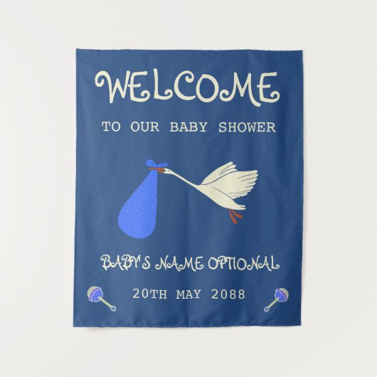 Welkom ooievaar baby jongen blauw en crème tapijt wandkleed (Voorkant)