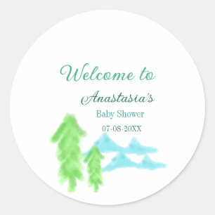 welkom op babyshower naam blauwe groene boom heuve ronde sticker
