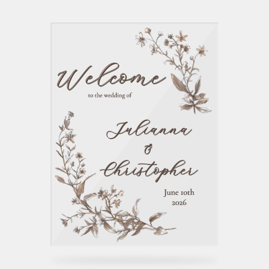 Welkom op de bruiloft Elegant Wildflowers Mocha Acryl Bord (Voorkant)
