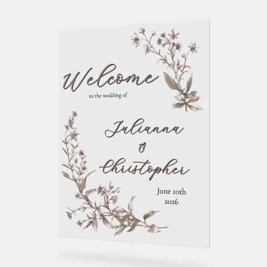 Welkom op de bruiloft Elegant Wildflowers Mocha Acryl Bord (Hoek)